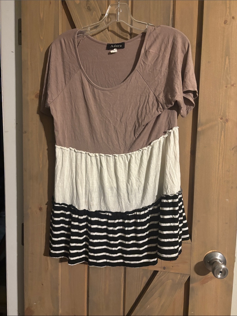 Adara Women's Mauve Scoop Neck Colorblock Tunic with Cream & Black Stripes